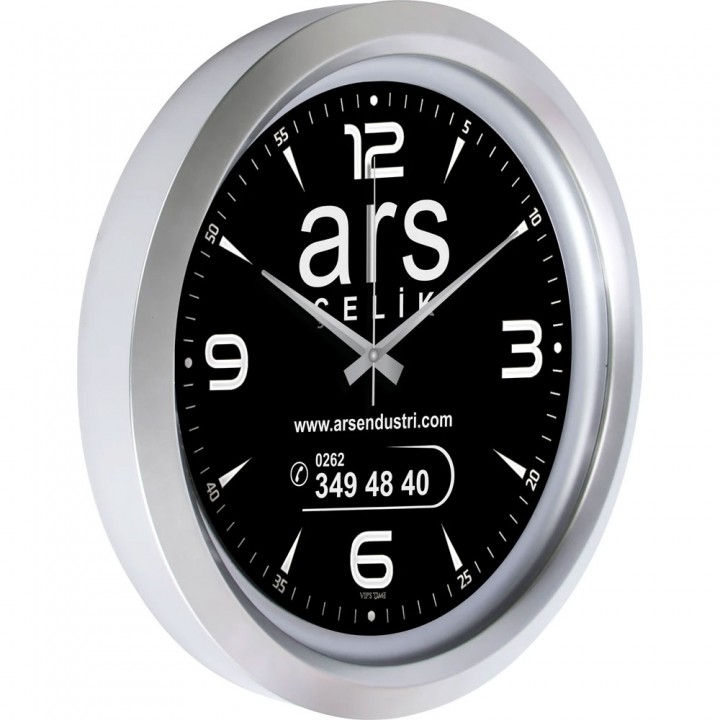 Logo Baskılı Promosyon Duvar Saati 40 cm Metalize Gümüş Siyah Varak Kadranlı